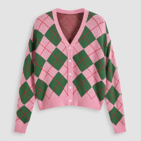 Cider Sweaters Cider Pink Preppy Crop Argyle Cardigan Sweater Size